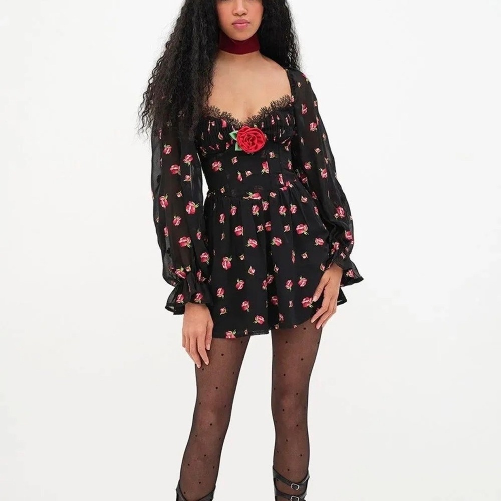 For Love And Lemons NWT Size XS Wren Black Rose Floral Mini‎ Dress